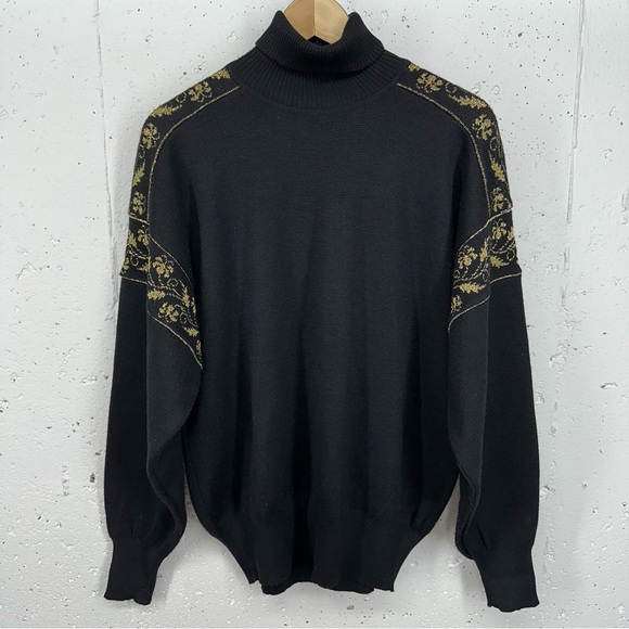 David Meister Sweaters - Vintage David Meister Large Wool Blend Black Metallic Gold Turtleneck Sweater